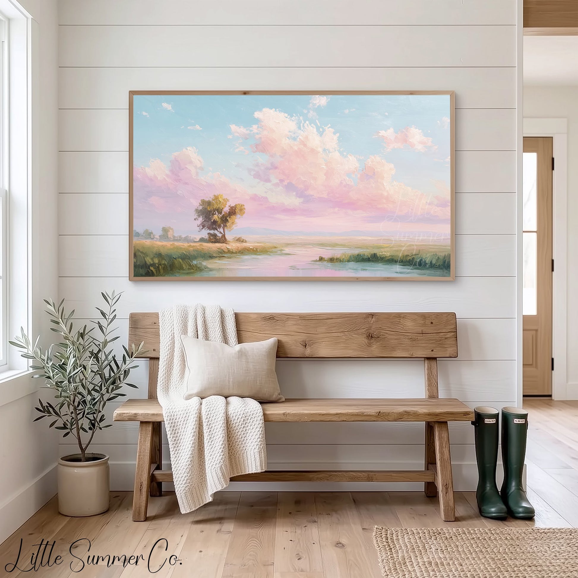 Meadow River Pastel Sky Frame TV Art displayed on a TV