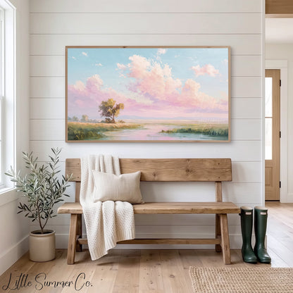 Meadow River Pastel Sky Frame TV Art displayed on a TV