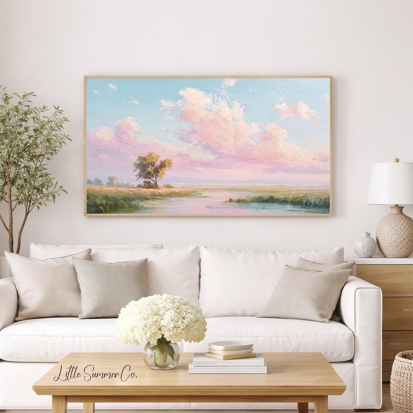 Meadow River Pastel Sky Frame TV Art displayed on a TV