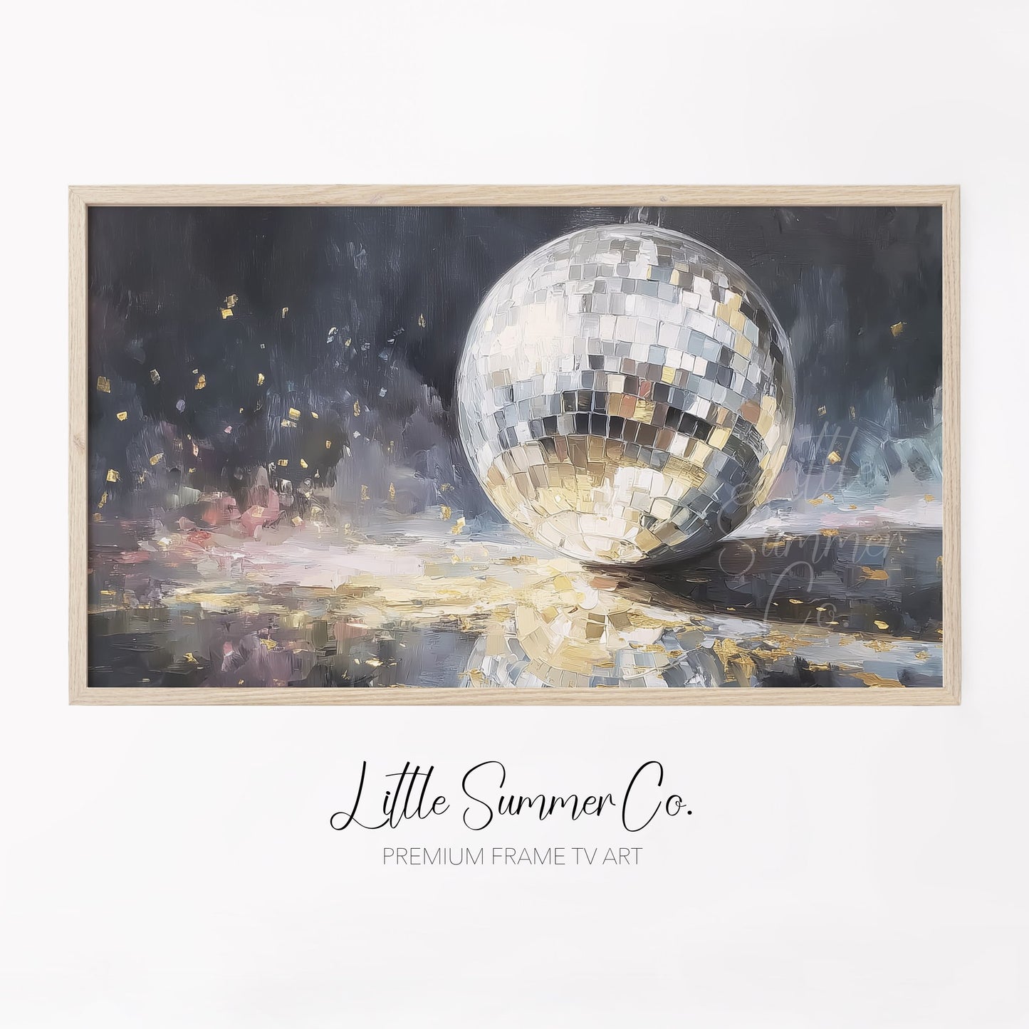 Silver Disco Ball and Gold Confetti Frame TV Art displayed on a TV