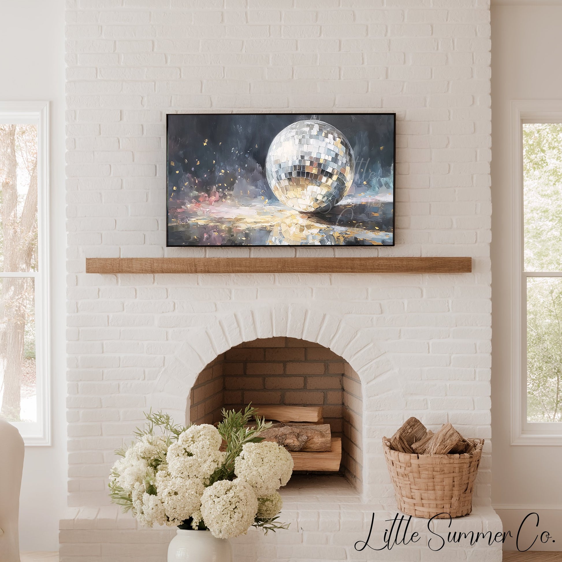 Silver Disco Ball and Gold Confetti Frame TV Art displayed on a TV