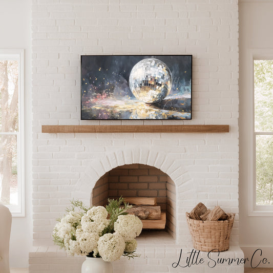 Silver Disco Ball and Gold Confetti Frame TV Art displayed on a TV