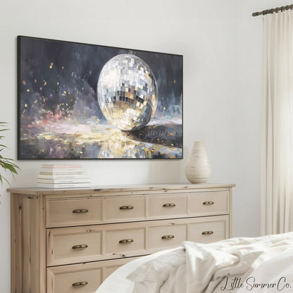 Silver Disco Ball and Gold Confetti Frame TV Art displayed on a TV
