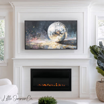 Silver Disco Ball and Gold Confetti Frame TV Art displayed on a TV