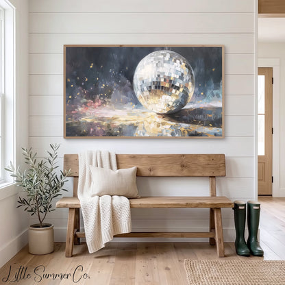 Silver Disco Ball and Gold Confetti Frame TV Art displayed on a TV