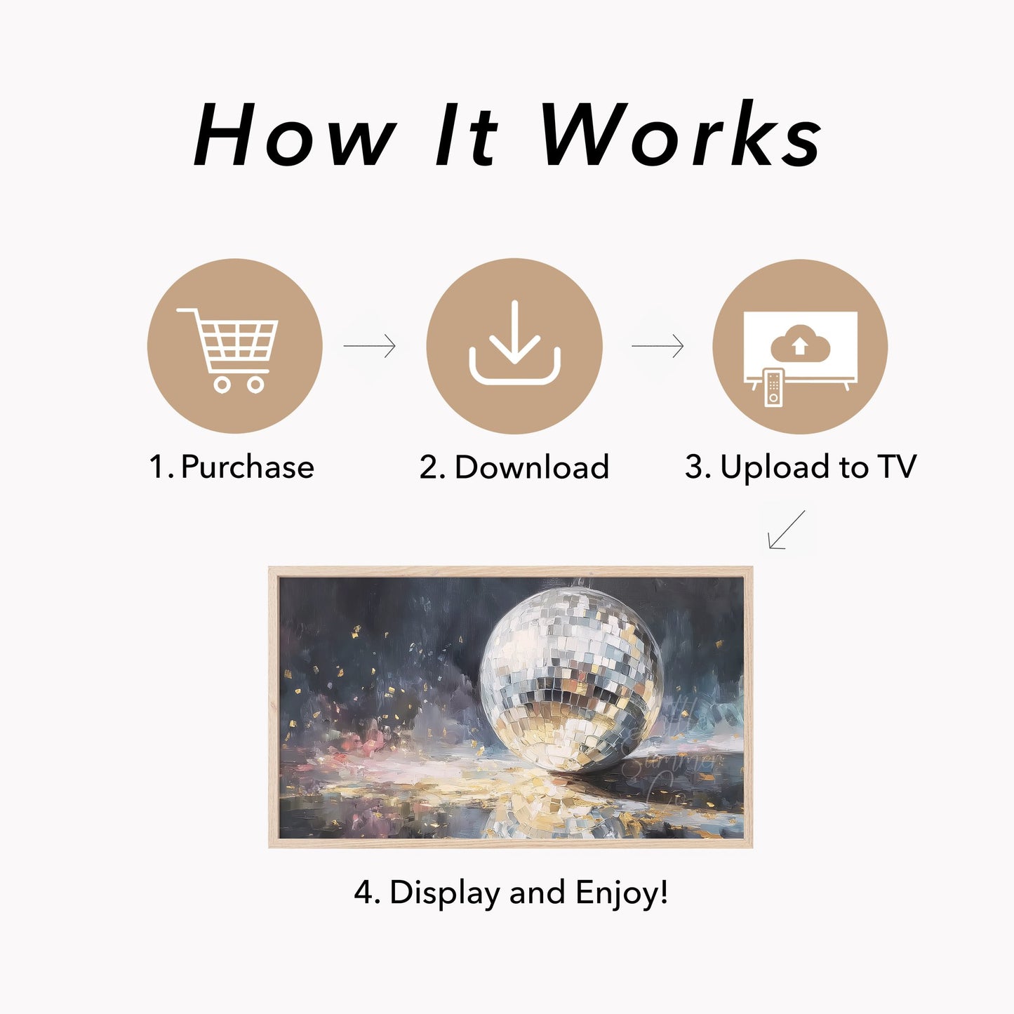 Silver Disco Ball and Gold Confetti Frame TV Art displayed on a TV