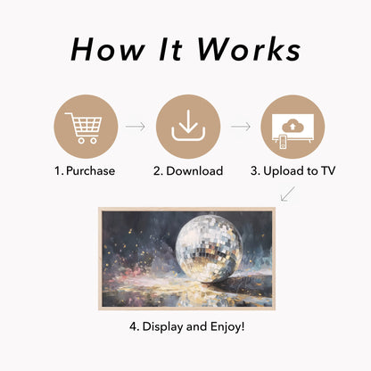 Silver Disco Ball and Gold Confetti Frame TV Art displayed on a TV