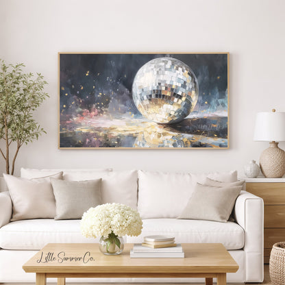 Silver Disco Ball and Gold Confetti Frame TV Art displayed on a TV