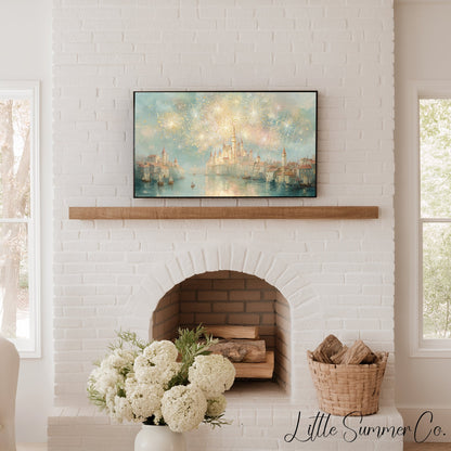 Castle Fireworks Frame TV Art displayed on a TV