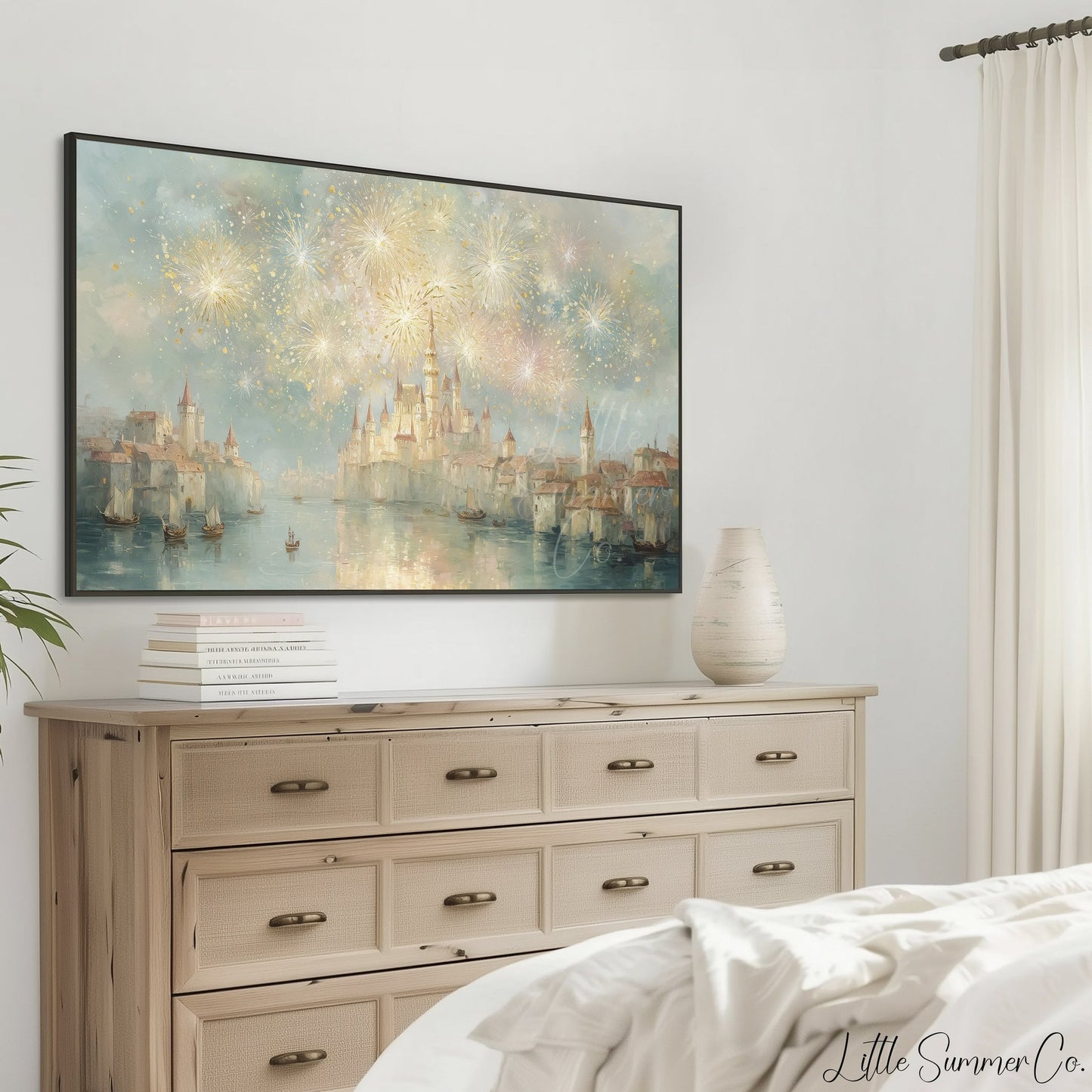 Castle Fireworks Frame TV Art displayed on a TV