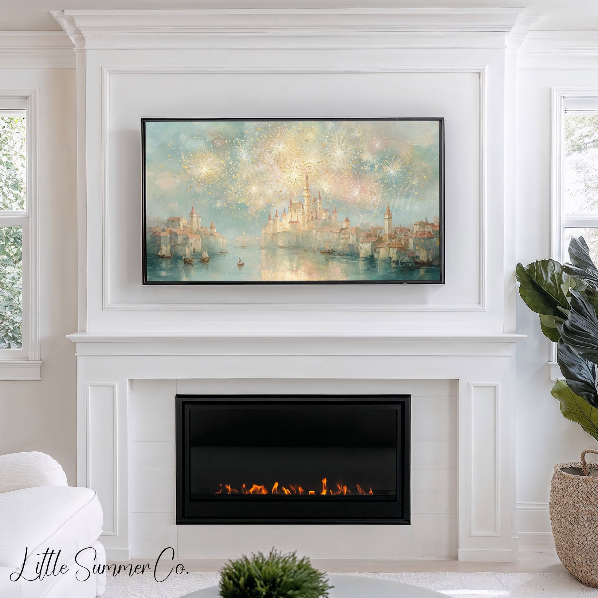 Castle Fireworks Frame TV Art displayed on a TV