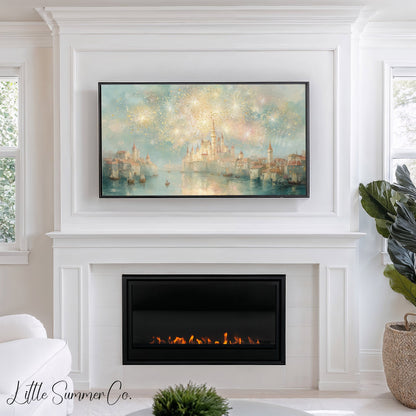 Castle Fireworks Frame TV Art displayed on a TV