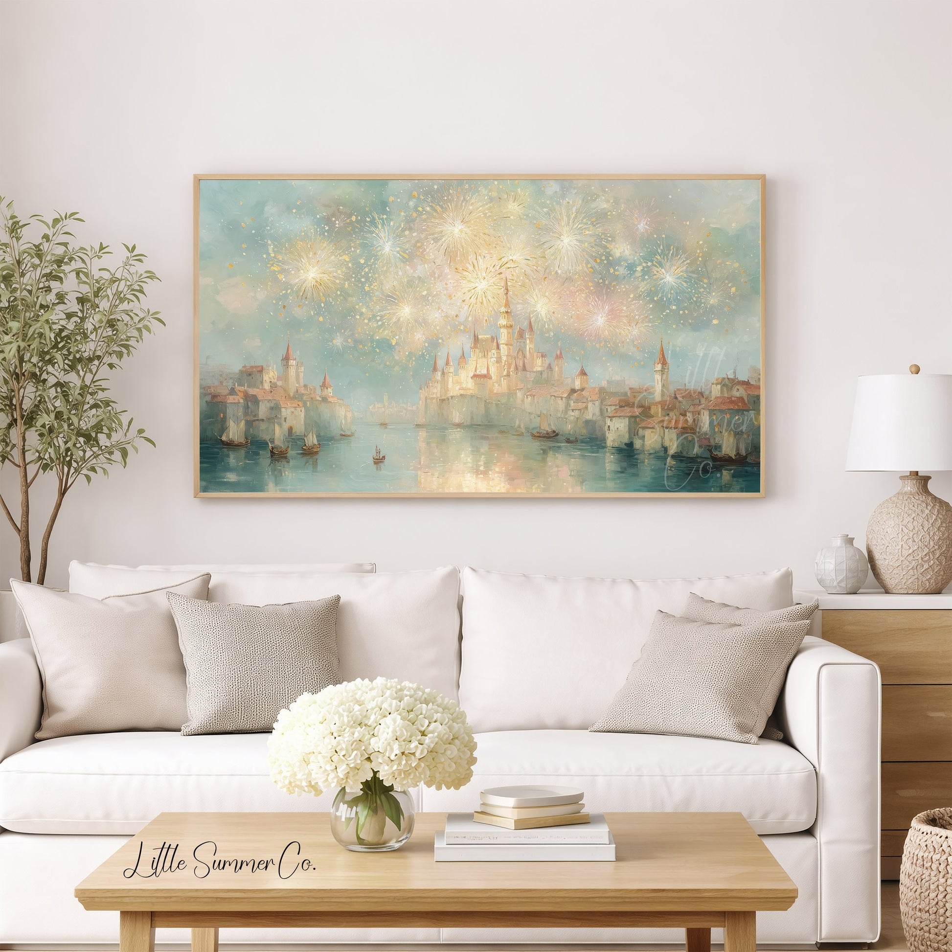Castle Fireworks Frame TV Art displayed on a TV