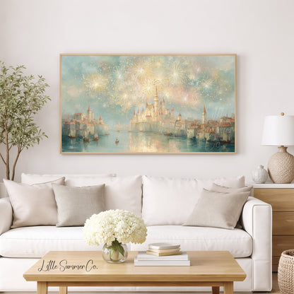 Castle Fireworks Frame TV Art displayed on a TV