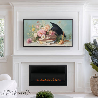 Graduation Flowers Frame TV Art displayed on a TV