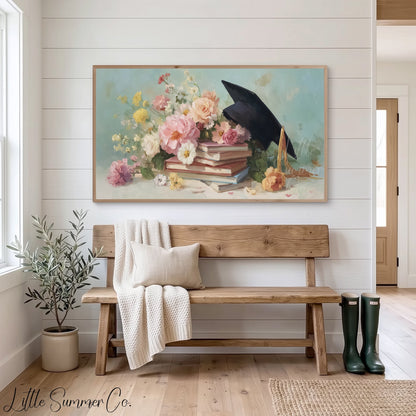 Graduation Flowers Frame TV Art displayed on a TV