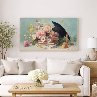 Graduation Flowers Frame TV Art displayed on a TV