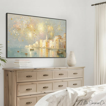 Coastal Fireworks Frame TV Art displayed on a TV