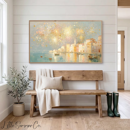 Coastal Fireworks Frame TV Art displayed on a TV