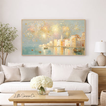 Coastal Fireworks Frame TV Art displayed on a TV