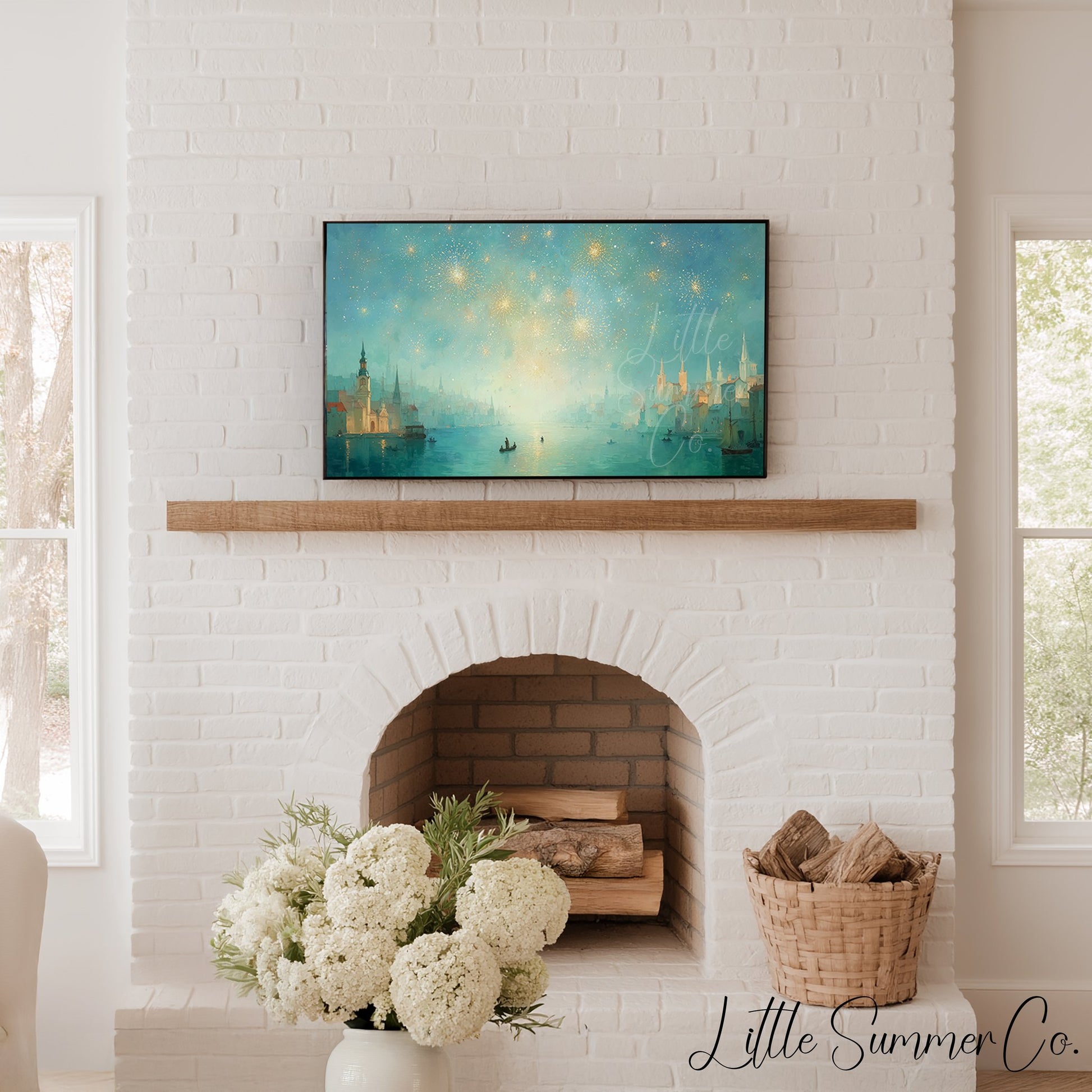 Harbor Fireworks Frame TV Art displayed on a TV