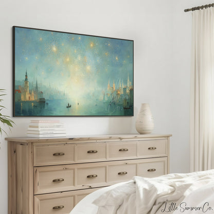 Harbor Fireworks Frame TV Art displayed on a TV