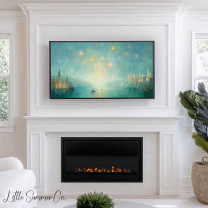 Harbor Fireworks Frame TV Art displayed on a TV