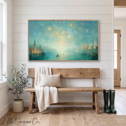 Harbor Fireworks Frame TV Art displayed on a TV