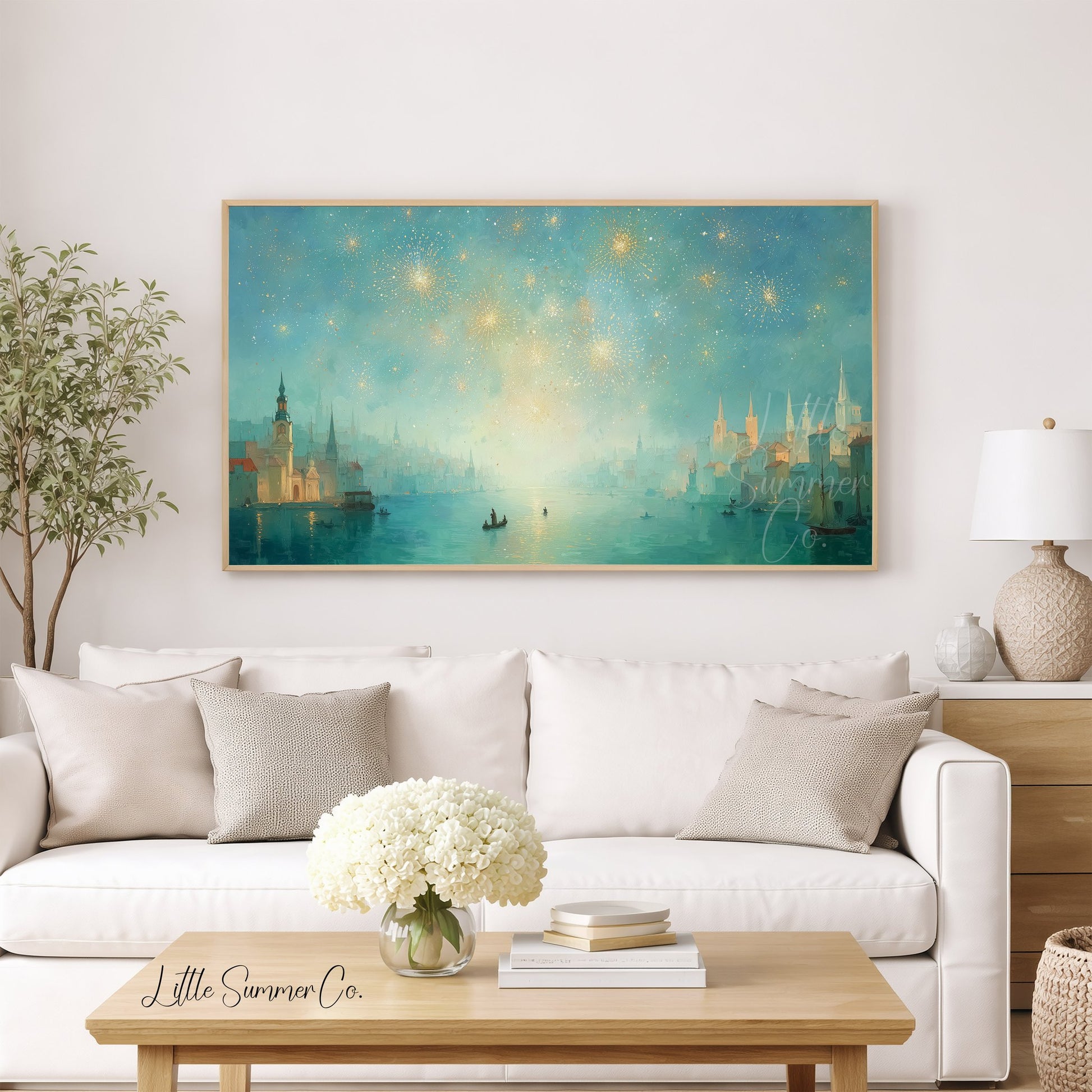 Harbor Fireworks Frame TV Art displayed on a TV
