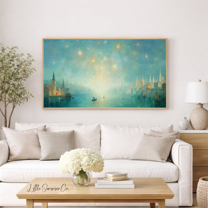 Harbor Fireworks Frame TV Art displayed on a TV