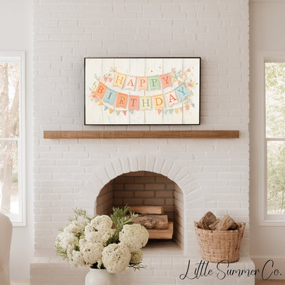 Birthday Bunting Frame TV Art displayed on a TV