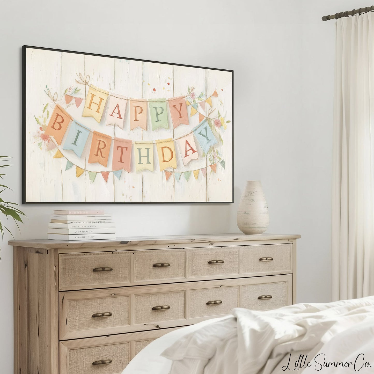 Birthday Bunting Frame TV Art displayed on a TV