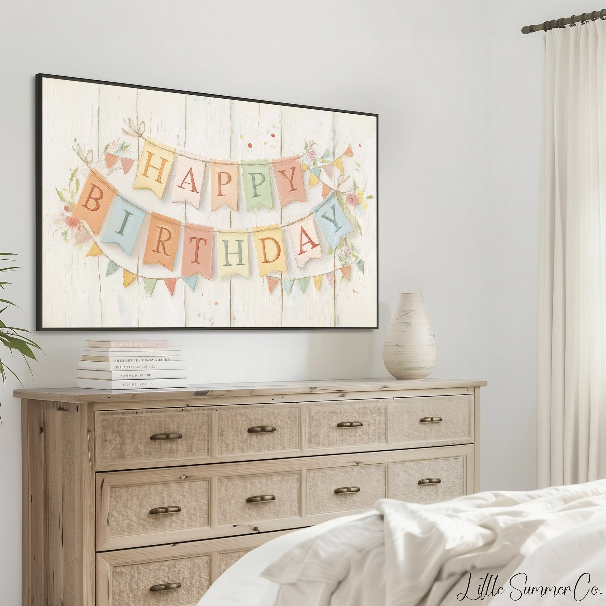Birthday Bunting Frame TV Art displayed on a TV