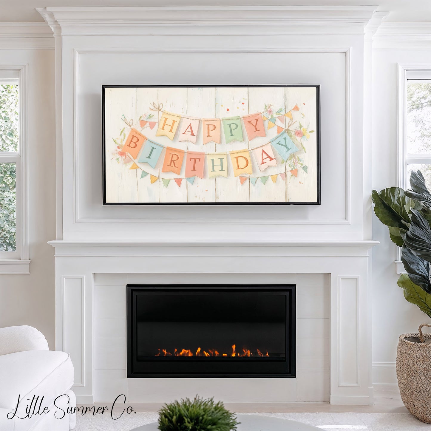 Birthday Bunting Frame TV Art displayed on a TV