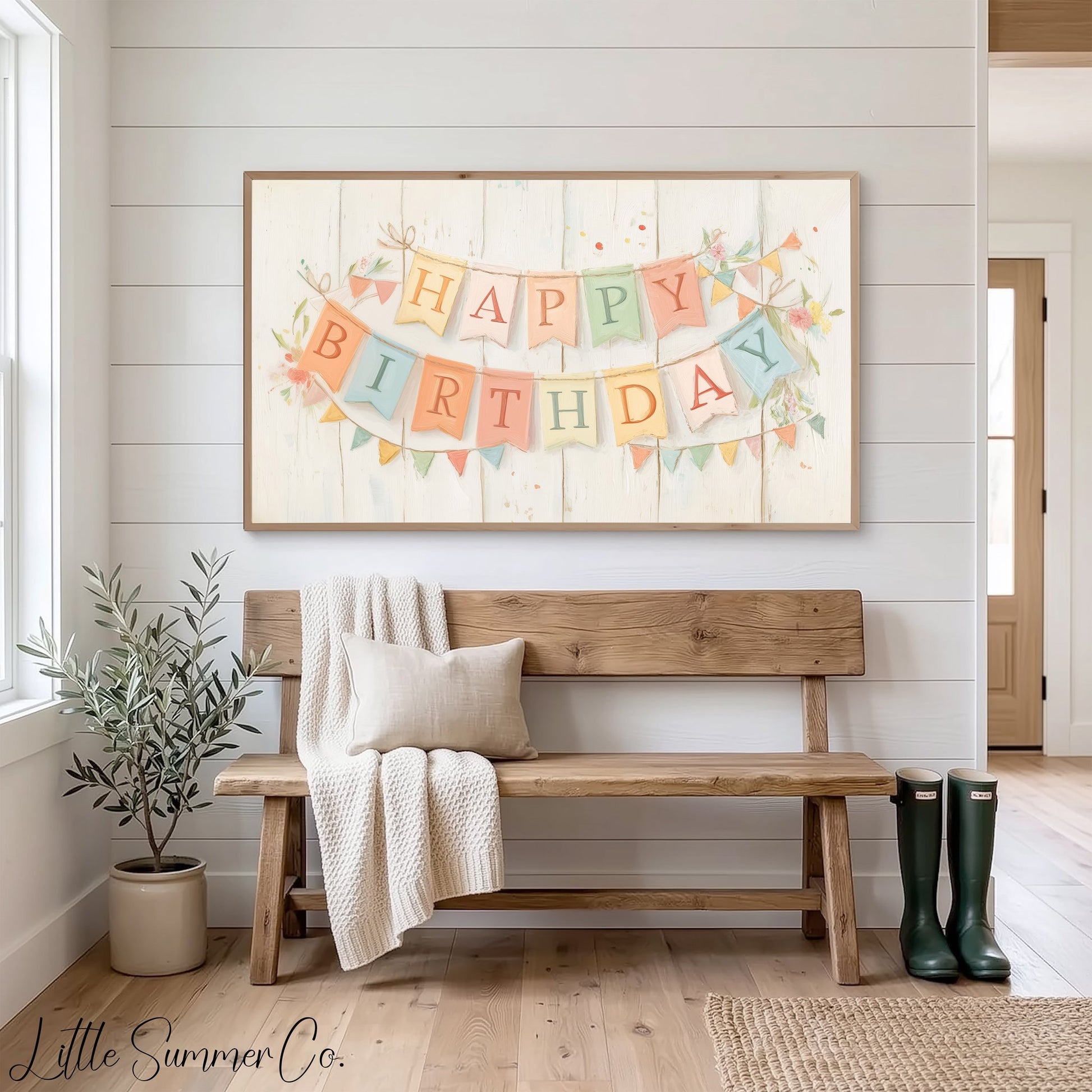 Birthday Bunting Frame TV Art displayed on a TV