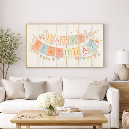 Birthday Bunting Frame TV Art displayed on a TV