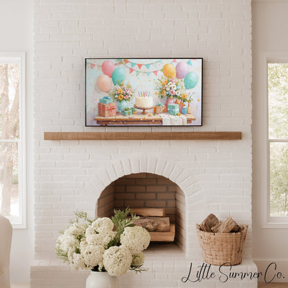 Birthday Party Frame TV Art displayed on a TV