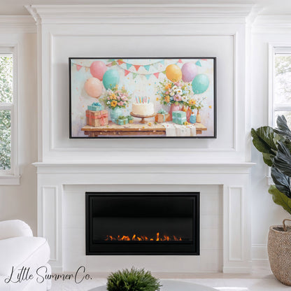 Birthday Party Frame TV Art displayed on a TV