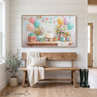 Birthday Party Frame TV Art displayed on a TV