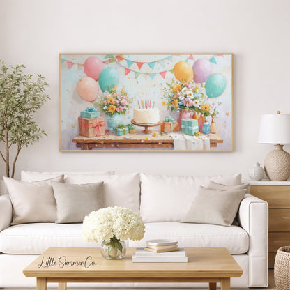 Birthday Party Frame TV Art displayed on a TV