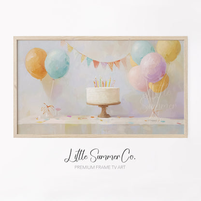 Party Balloon Cake Frame TV Art displayed on a TV