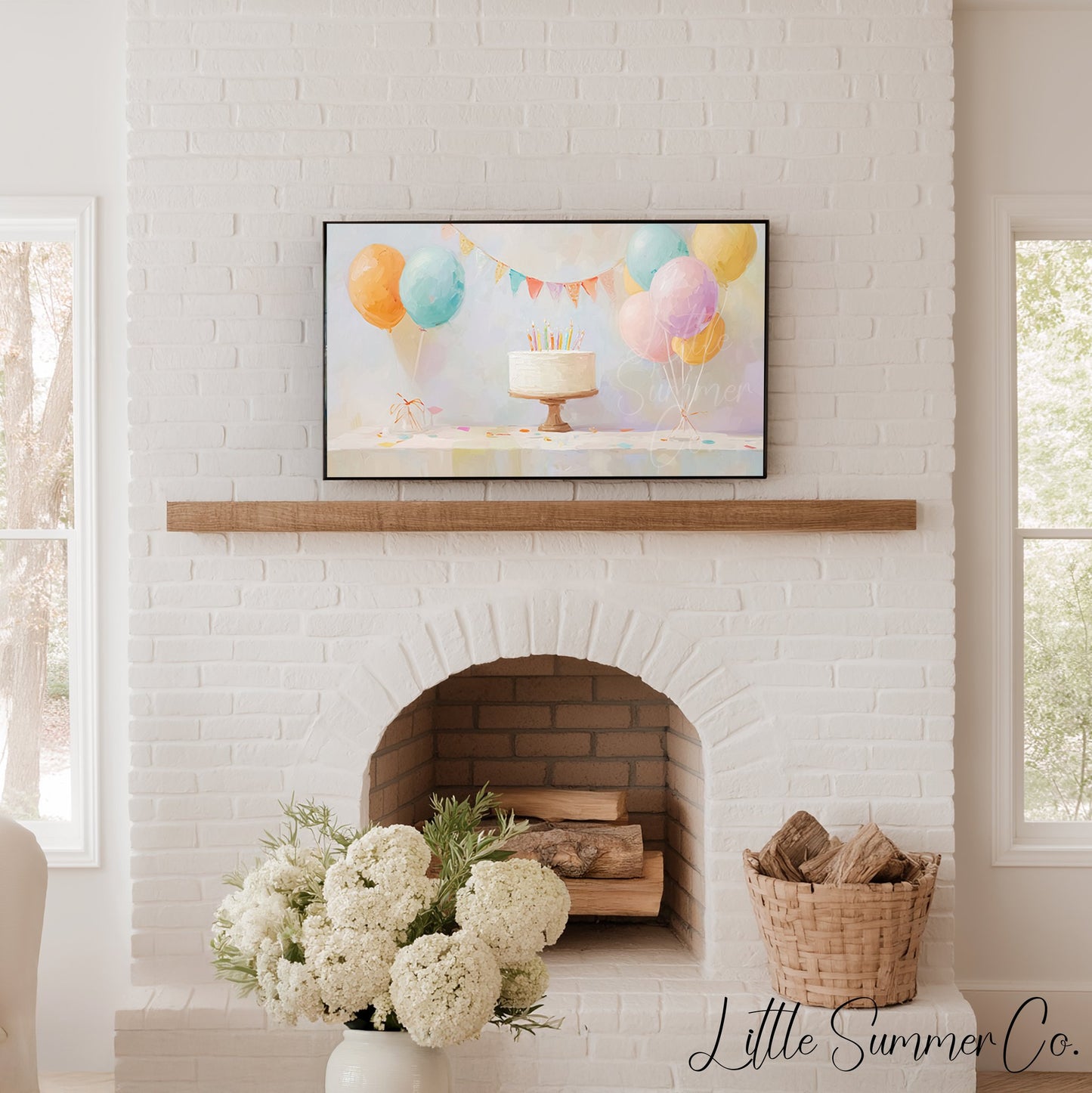 Party Balloon Cake Frame TV Art displayed on a TV