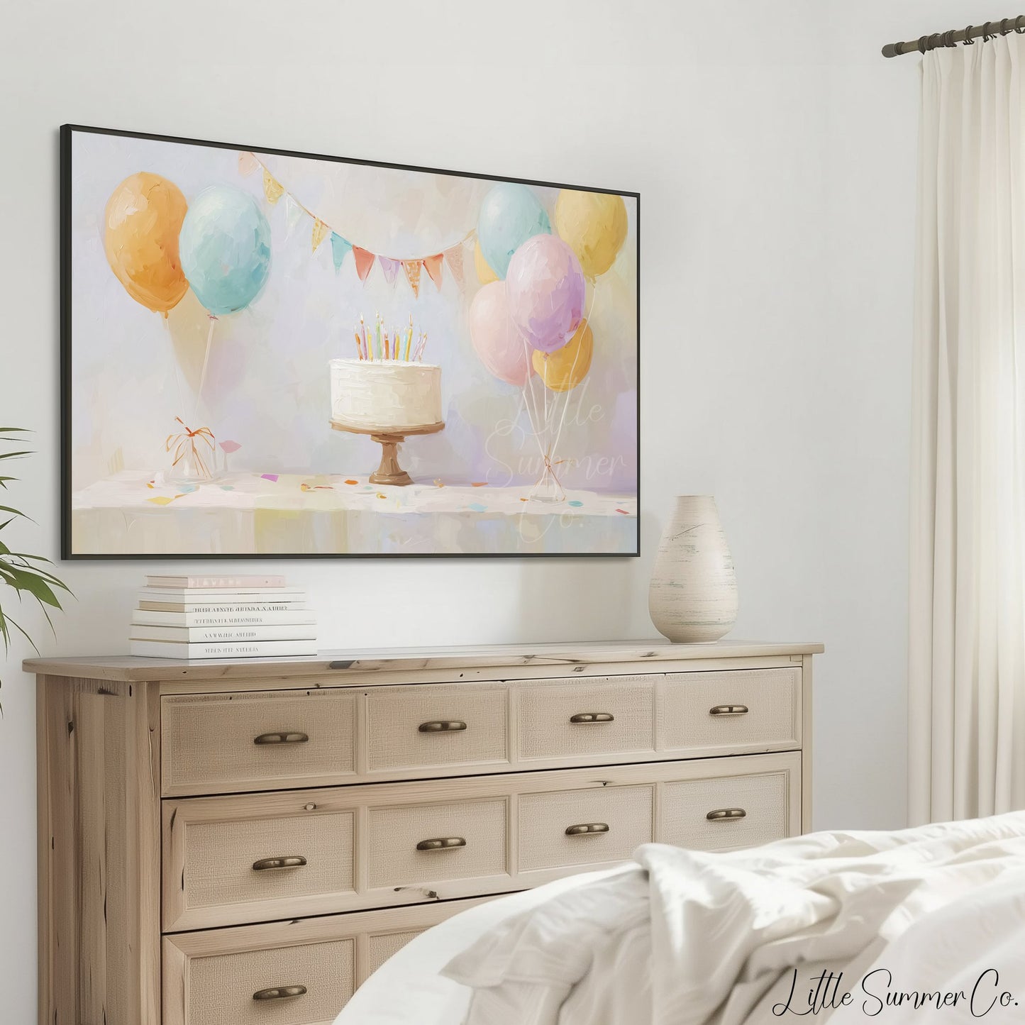 Party Balloon Cake Frame TV Art displayed on a TV
