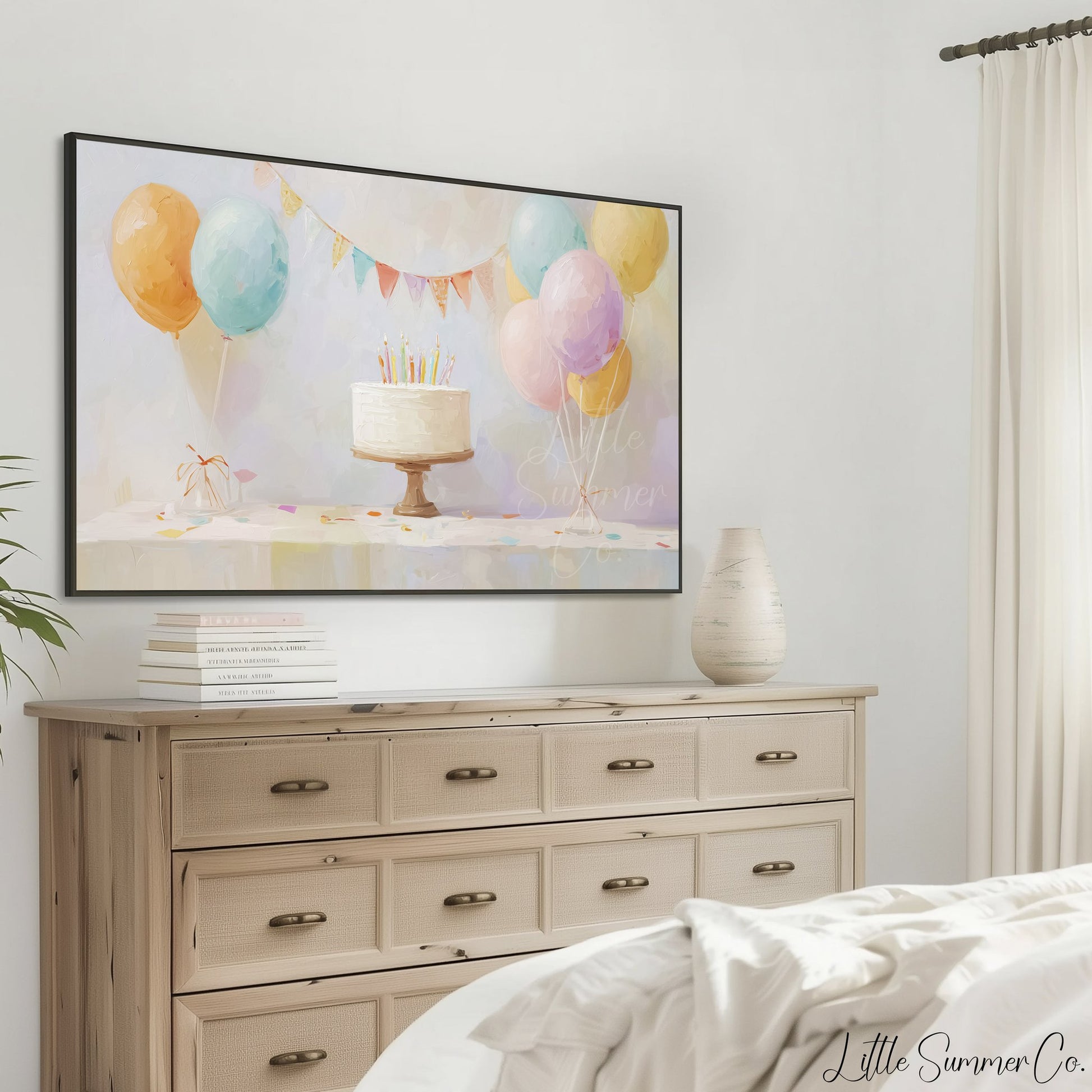 Party Balloon Cake Frame TV Art displayed on a TV