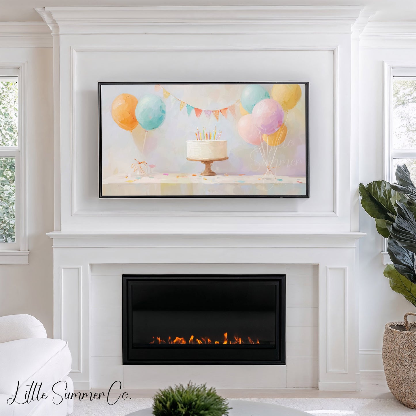 Party Balloon Cake Frame TV Art displayed on a TV