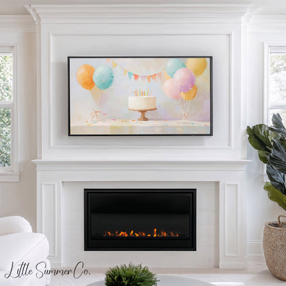 Party Balloon Cake Frame TV Art displayed on a TV