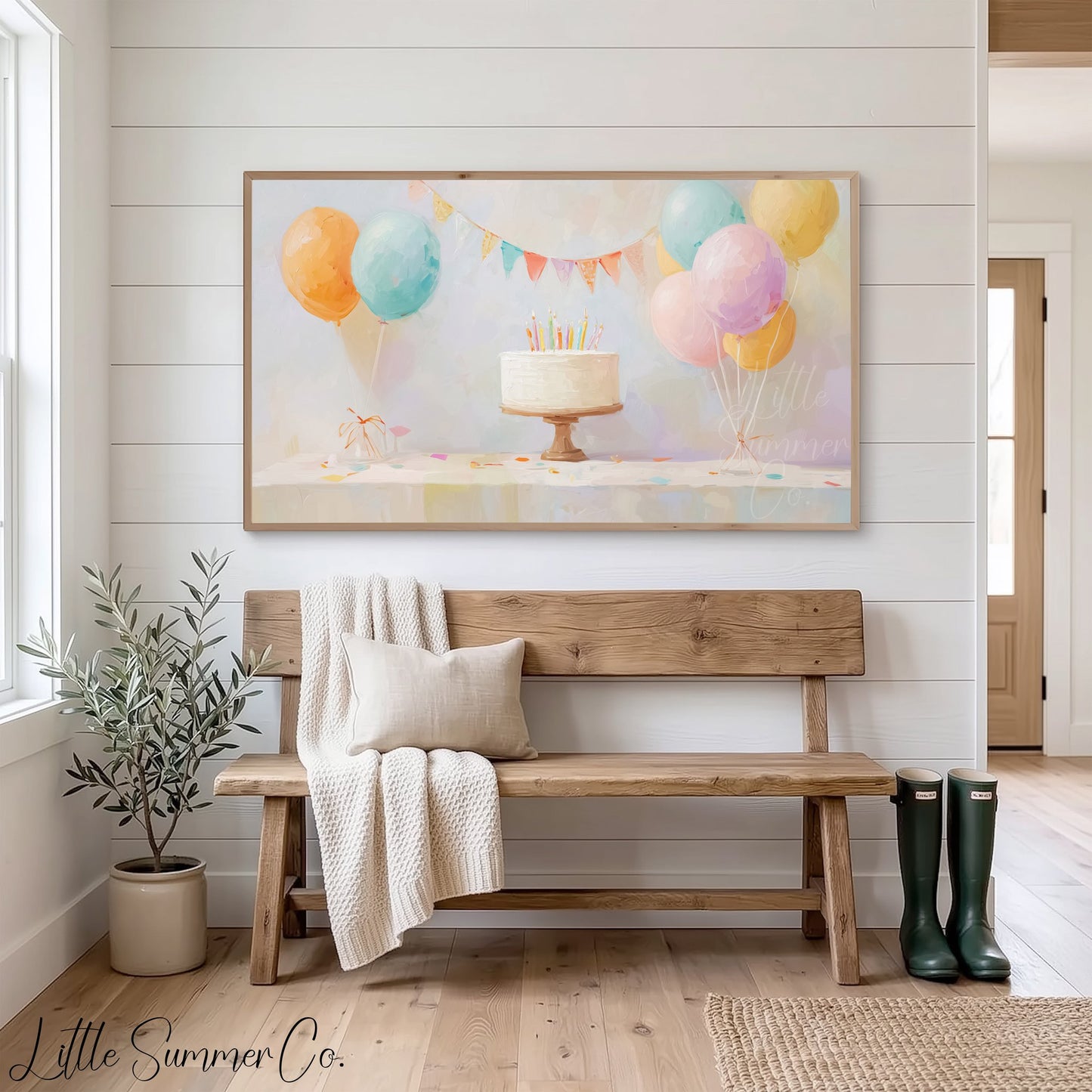 Party Balloon Cake Frame TV Art displayed on a TV