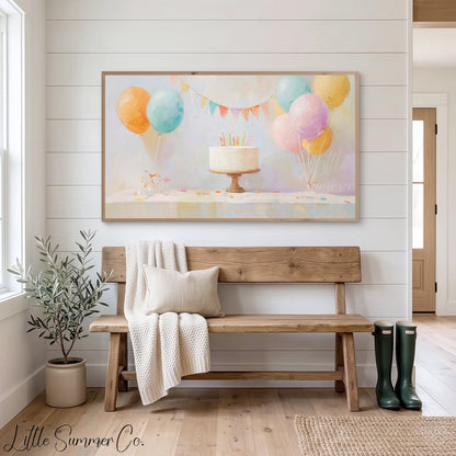 Party Balloon Cake Frame TV Art displayed on a TV