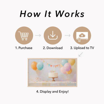 Party Balloon Cake Frame TV Art displayed on a TV