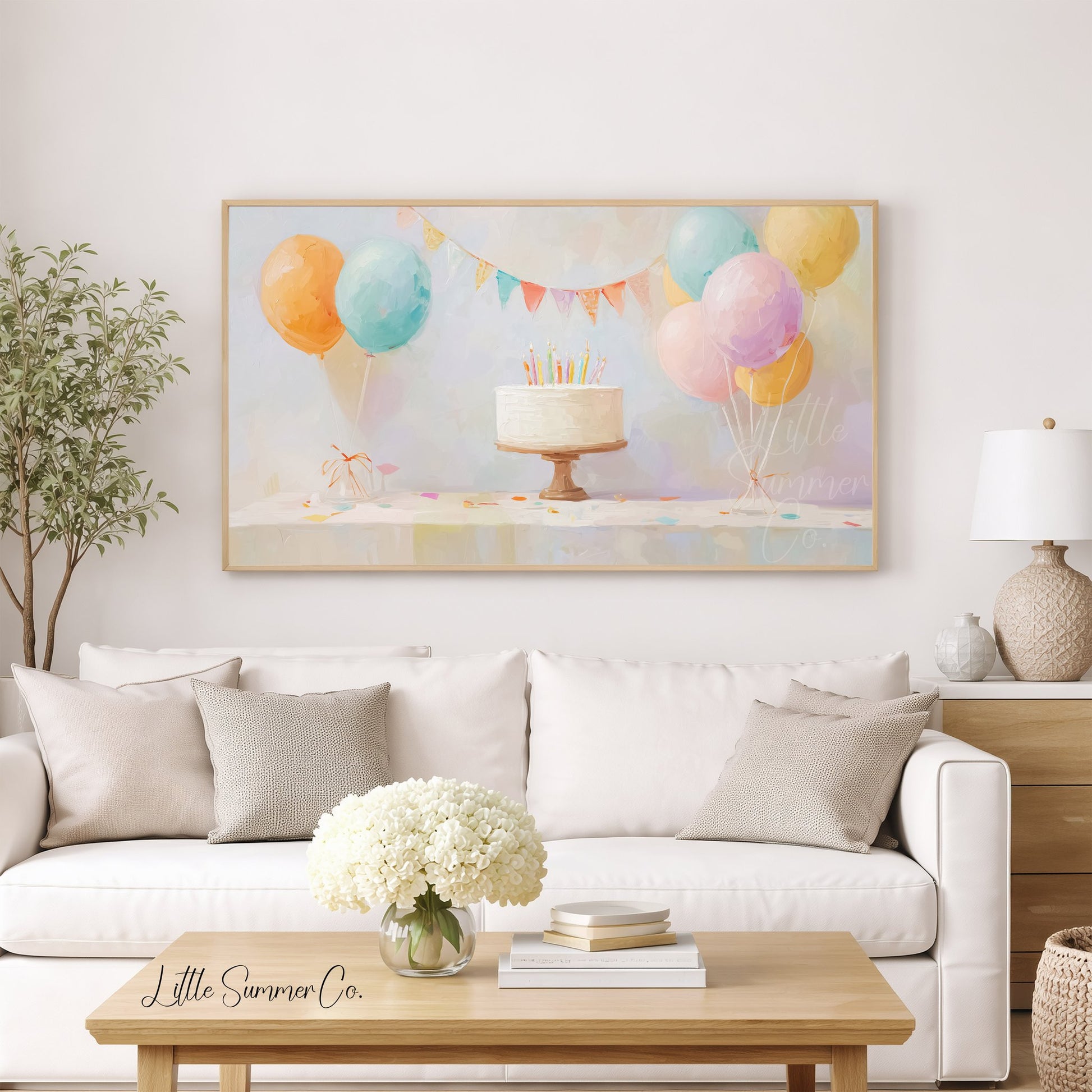 Party Balloon Cake Frame TV Art displayed on a TV